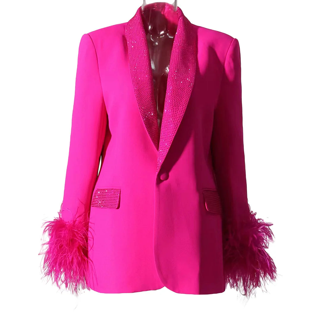 Women's Fashion Sparkle Diamond Blazers Coat Female Streetwear Trend Long Sleeve Casual Spliced Feather Chic Suit Coats