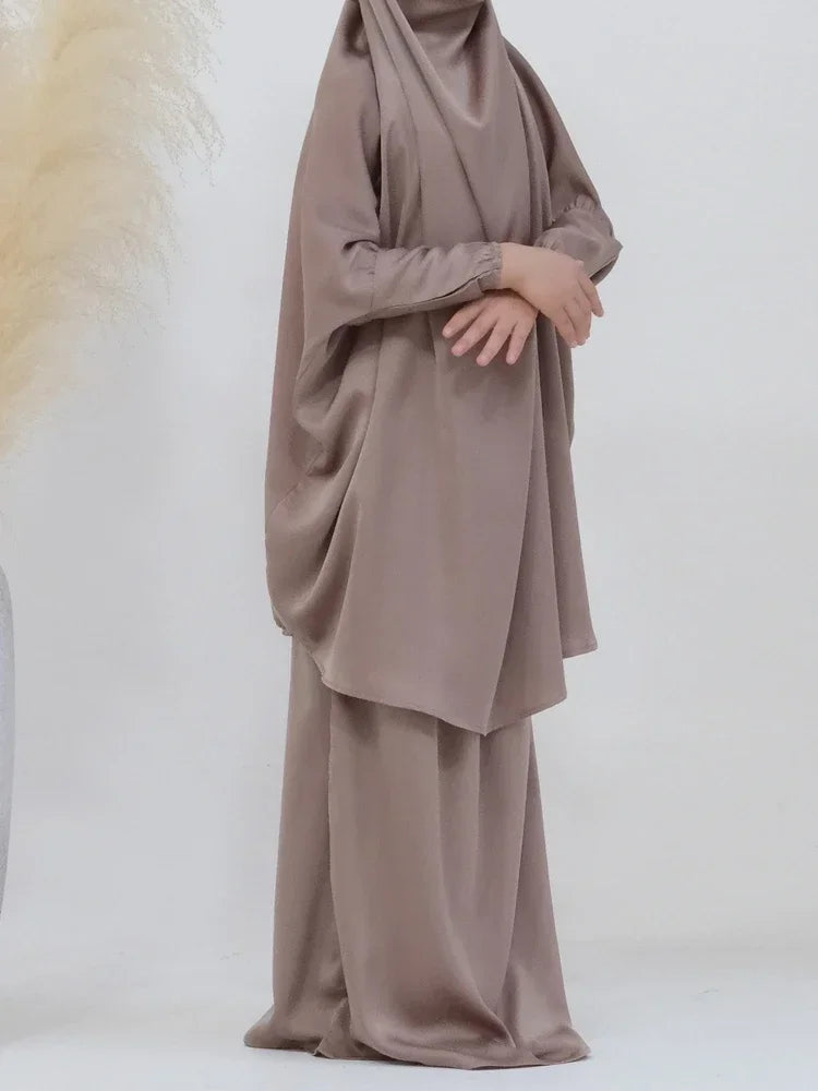 Eid Muslim Long Khimar Dress Kids Girls Abaya Long Khimar Set Prayer Garment Ramadan Dresses 2 Piece Jubha Robe Caftan Jilbab