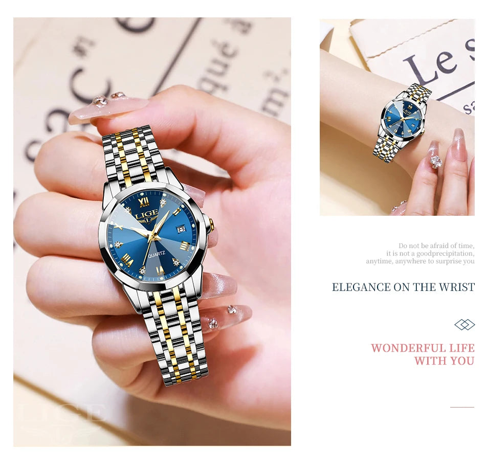 LIGE 2026 Women's Watch Luxury Gift quartz wristwatch Waterproof Calendar Stainless Steel Ladies Luminous Clock montre femme+BOX