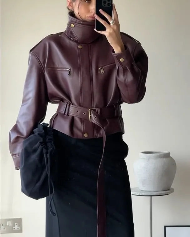 Burgundy Lace-Up Leather Jacket | Faeva London
