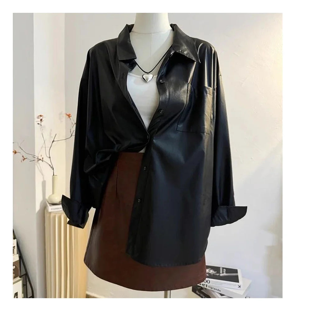 Retro black washed leather shirt jacket for women's 2024 autumn and winter design, loose Hong Kong style casual temperament top