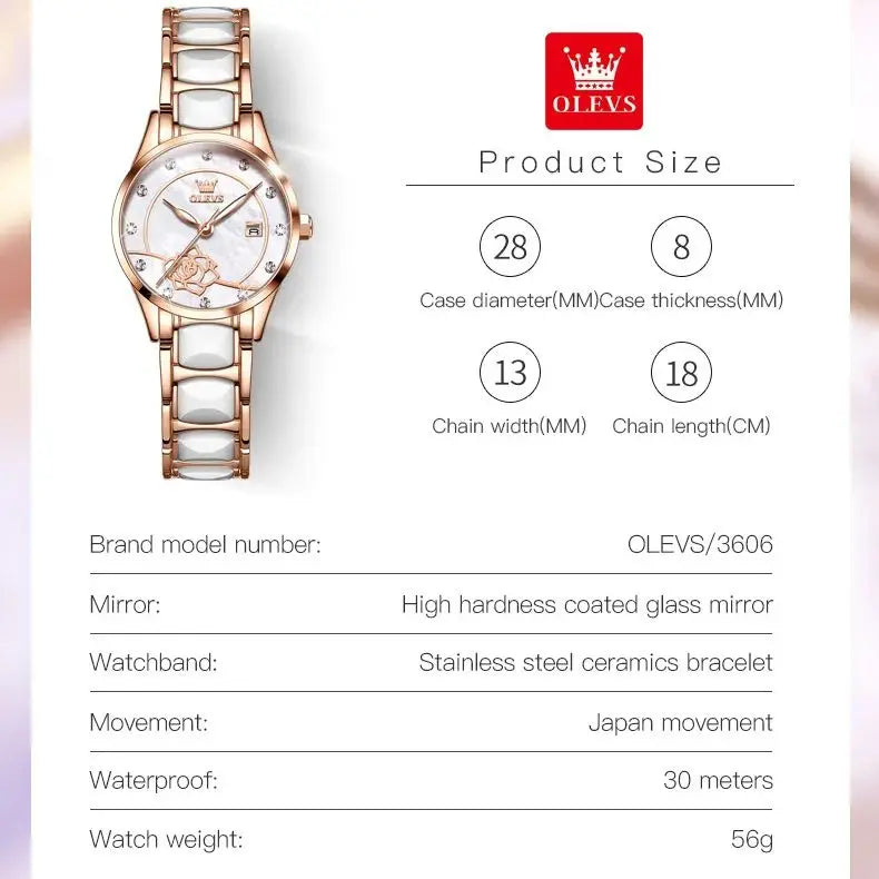 OLEVS 3606 Women's Watch Luxury Quartz Japanese Movement Watch Exquisite Rose Waterproof dial Elegant Ceramic Women's Watch
