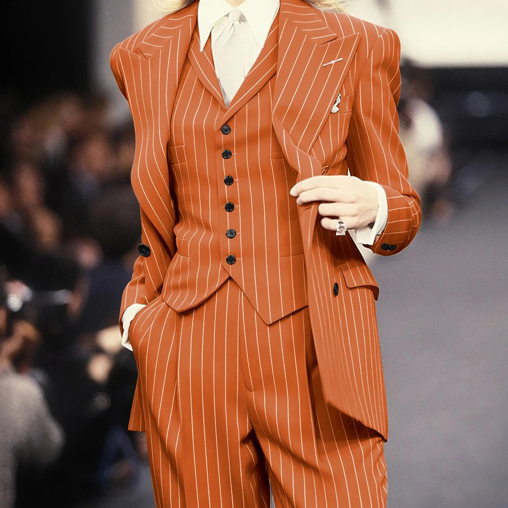 Trending 2025 Brown Striped Women Suit Formal Double-breasted Peaked Lapel 3Pieces (Jacket+Pants+Vest) Business Office Lady Set
