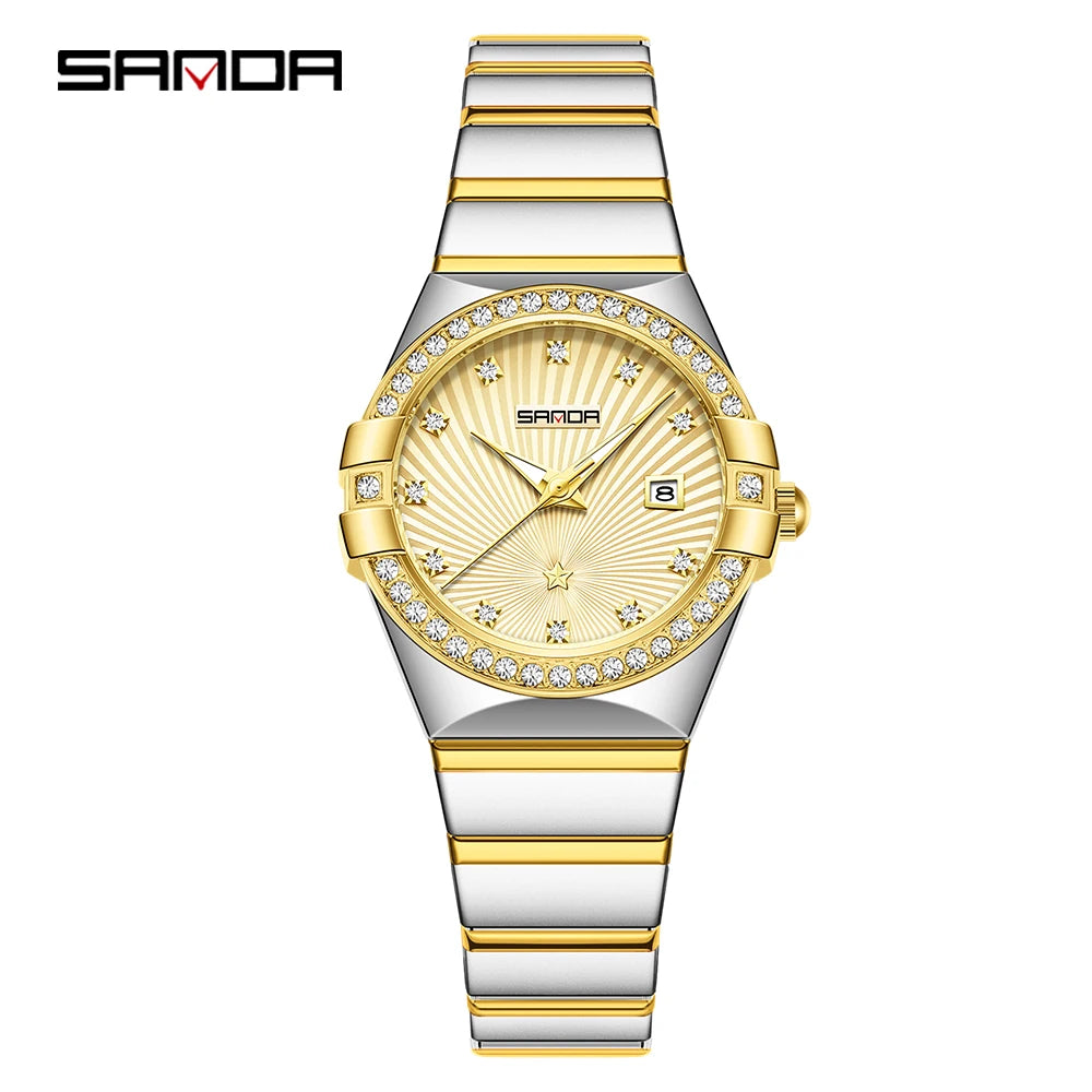 SANDA1147 Luxury Women's Quartz Watch with Mother of Bell Dial and Diamond studded Steel Strip 3ATM Waterproof Fashion Watch -1