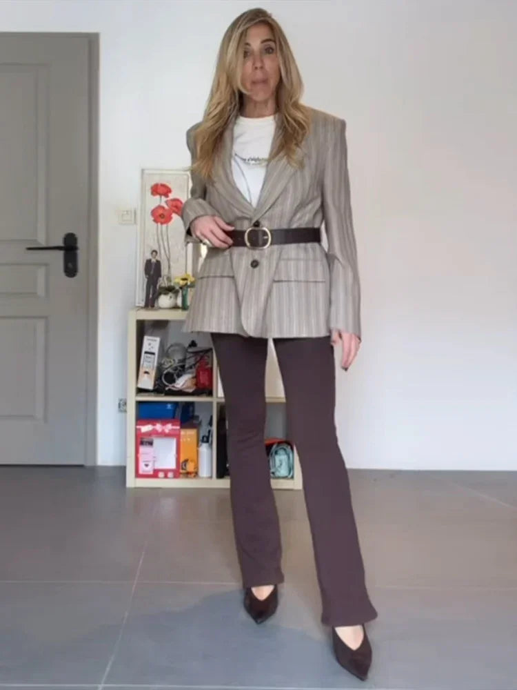 Women's Striped Blazer Belted Single Breasted Long Sleeve Lapel Neck Coat 2026 Female Casual Daily Commute Office Fashion Jacket