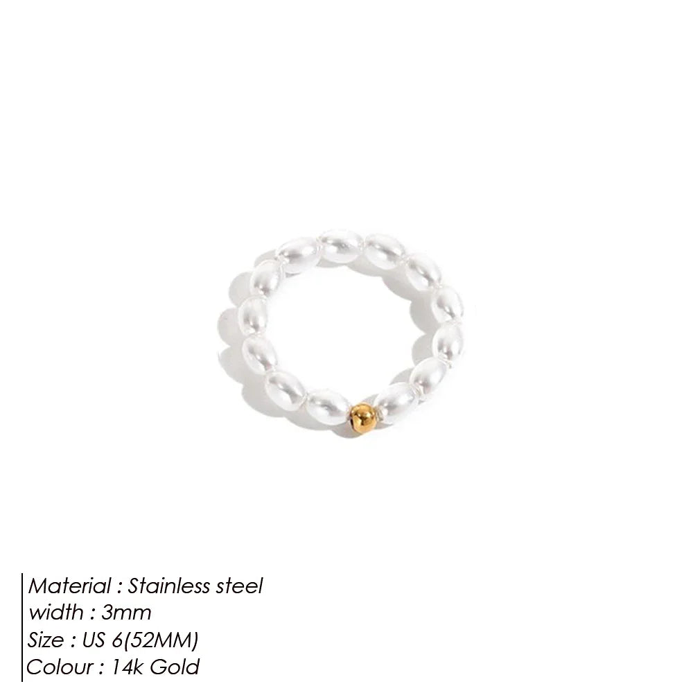 eManco Delicate Minimalist Imitation Pearl Ring Gold Color Beads Stainless Steel for Women Daily Wear & Dating Jewelry