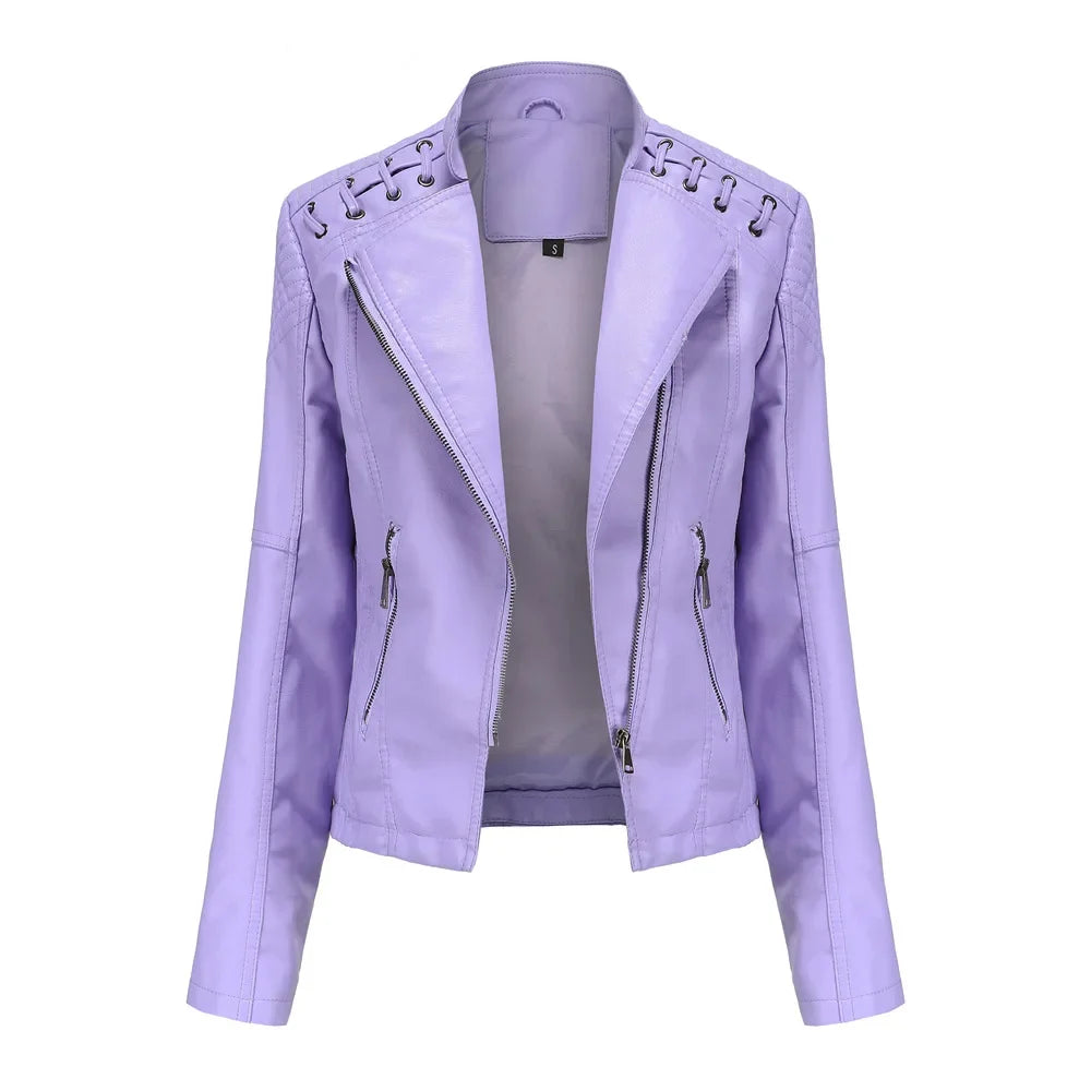 Spring Autumn Short Section Long Sleeve Zipper Jacket Slim Faux Leather Jacket Casual Solid Color Fashion Jacket Loose Outwear