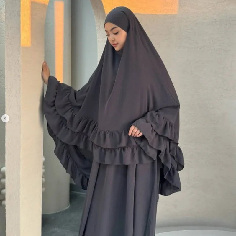 Eid Women Prayer Garment Dress 2 Piece Set Long Khimar Muslim Abaya Dubai Party Dresses Kaftan Robe Longue Vestidos Largos