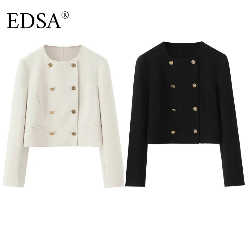 EDSA Women Cropped Pants Set Double Breasted Blazer Jacket High Waist Straigh Leg Long Pants for Office Lady Suits