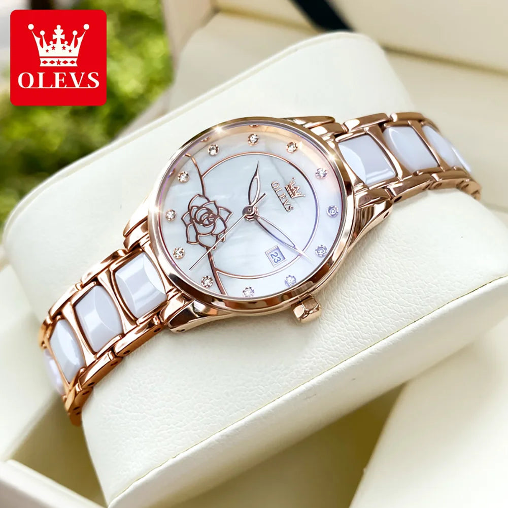 OLEVS 3606 Women's Watch Luxury Quartz Japanese Movement Watch Exquisite Rose Waterproof dial Elegant Ceramic Women's Watch