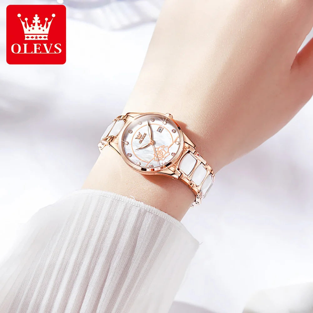 OLEVS 3606 Women's Watch Luxury Quartz Japanese Movement Watch Exquisite Rose Waterproof dial Elegant Ceramic Women's Watch