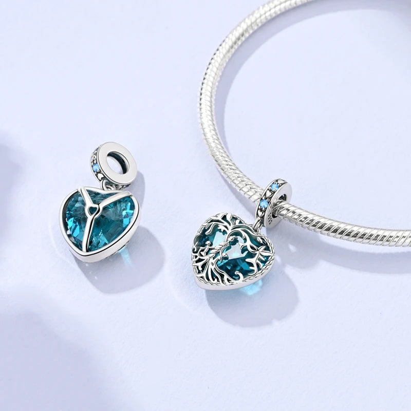 Heart Of The Ocean Charms Bead 925 Sterling Silver CZ Blue Zircon Forever Lover Pendant Fit Original Bracelet DIY Jewelry Gift