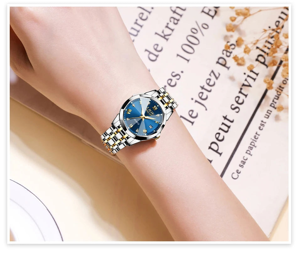 LIGE 2026 Women's Watch Luxury Gift quartz wristwatch Waterproof Calendar Stainless Steel Ladies Luminous Clock montre femme+BOX