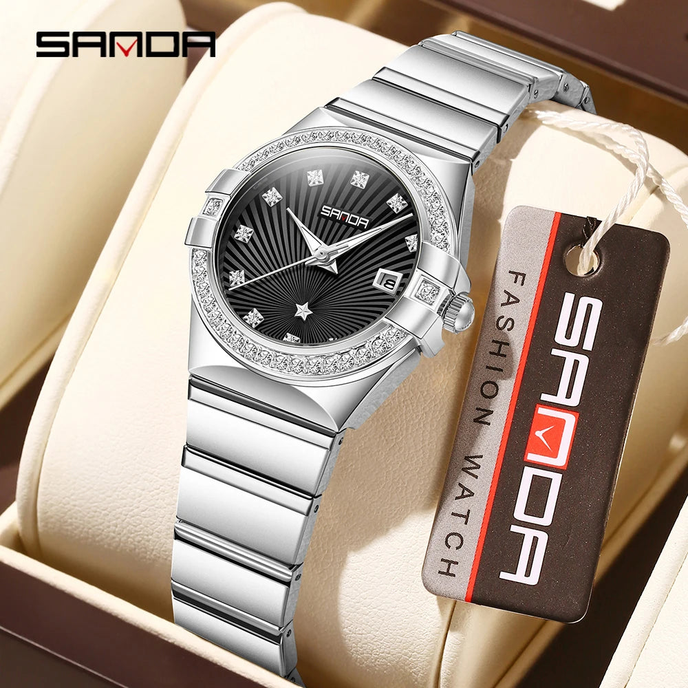 SANDA1147 Luxury Women's Quartz Watch with Mother of Bell Dial and Diamond studded Steel Strip 3ATM Waterproof Fashion Watch -1