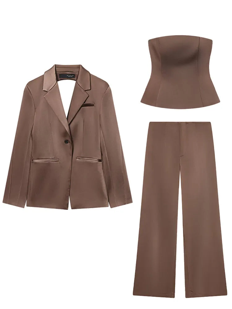 HH Women Spring Suits Solid Hollow Out Backless Blazers+Strapless Zipper Short Tops+High Waist Trousers Female High Street Sets