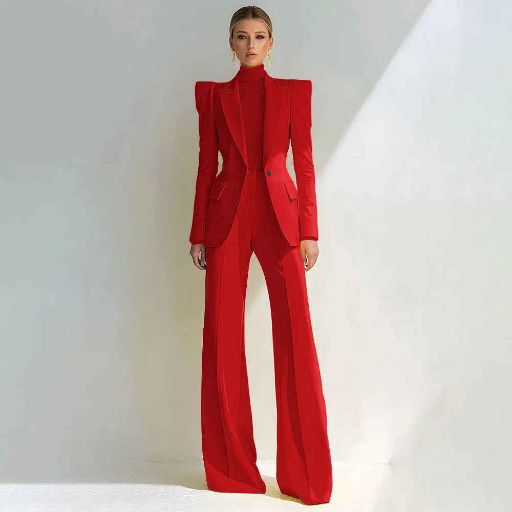 Professional Women's Red Suit Peaked Lapel Single Button Female Elegant Blazer and Flared Pants 2Piece Set Formal Office Wear