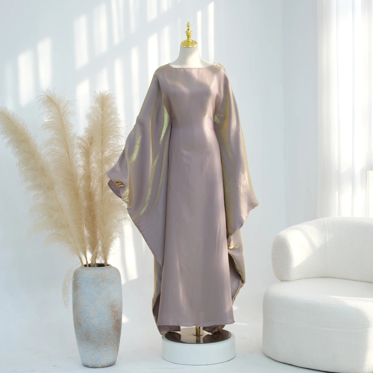 Ramadan Eid Evening Party Shiny Kaftan Dress for Women, Butterfly Sleeves Round Neck Muslim Women Abaya Dubai Islamic Clothing