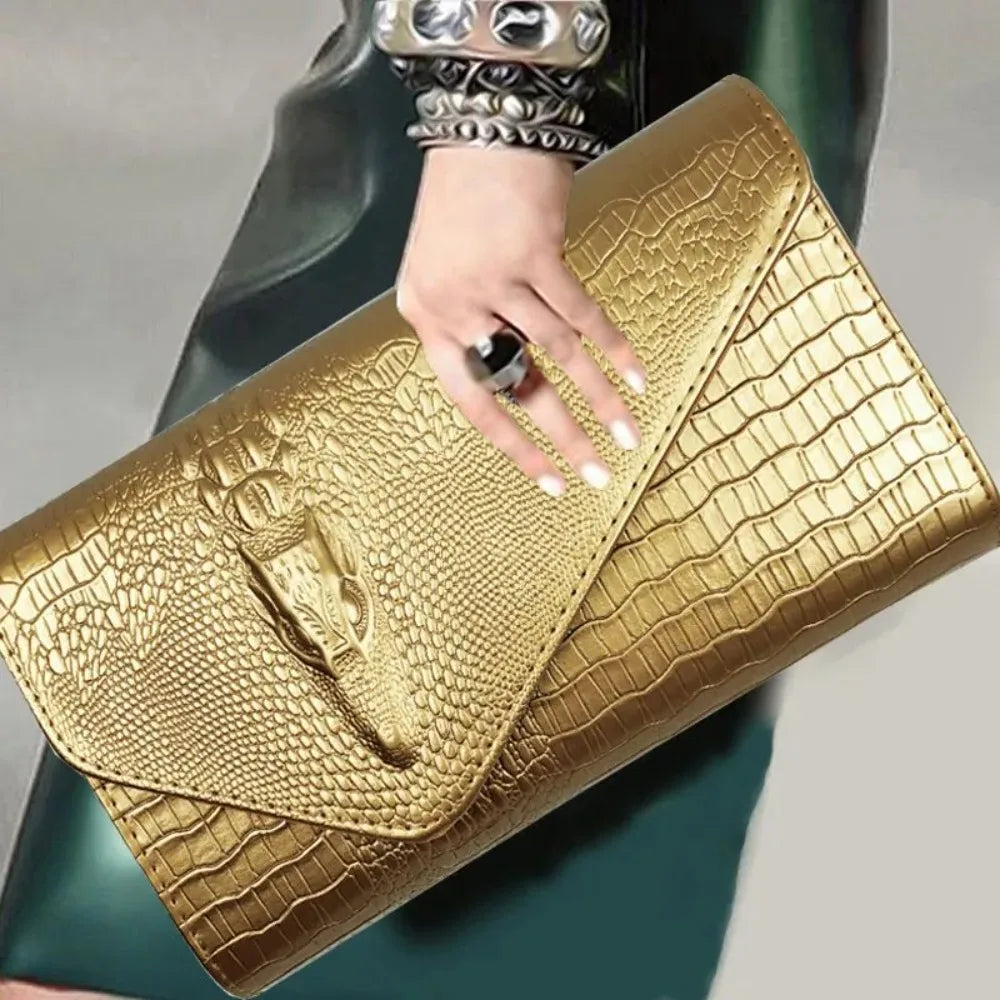Crocodile Leather Chain Clutch Bag
