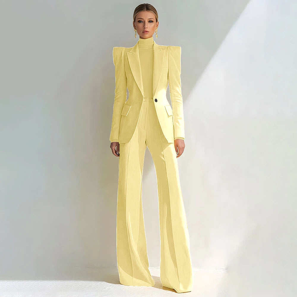 Professional Women's Red Suit Peaked Lapel Single Button Female Elegant Blazer and Flared Pants 2Piece Set Formal Office Wear