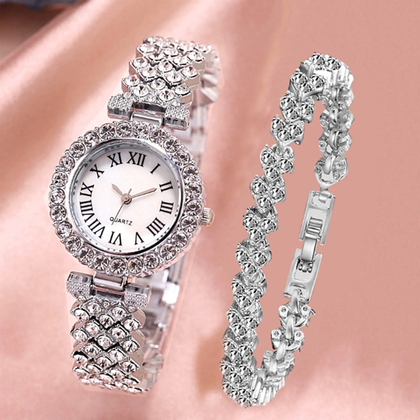 Rose Gold Watch Luxury Rhinestone Fashion Women Ladies Quartz 2pcs Elegant Diamond Wristwatch Female Bracelet Set Gift Watches