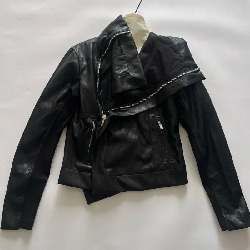 HKSH Spring Autumn New Women's Jacket PU Leather Asymmetric Zipper Pockets Slim Fit Motorcycle Dark Punk Short Coat Chic HK15980