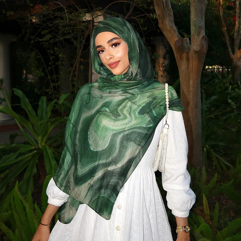 Gradient Green Watercolour Floral Printed Modal Breathable Light Weight Soft Cotton Rayon Viscose Woven Modal Muslim Women Shawl