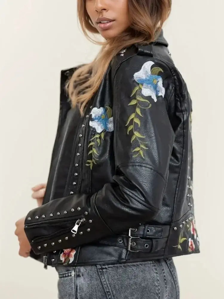 Women's Floral Print Embroidery Faux Leather Jacket  | Faeva London