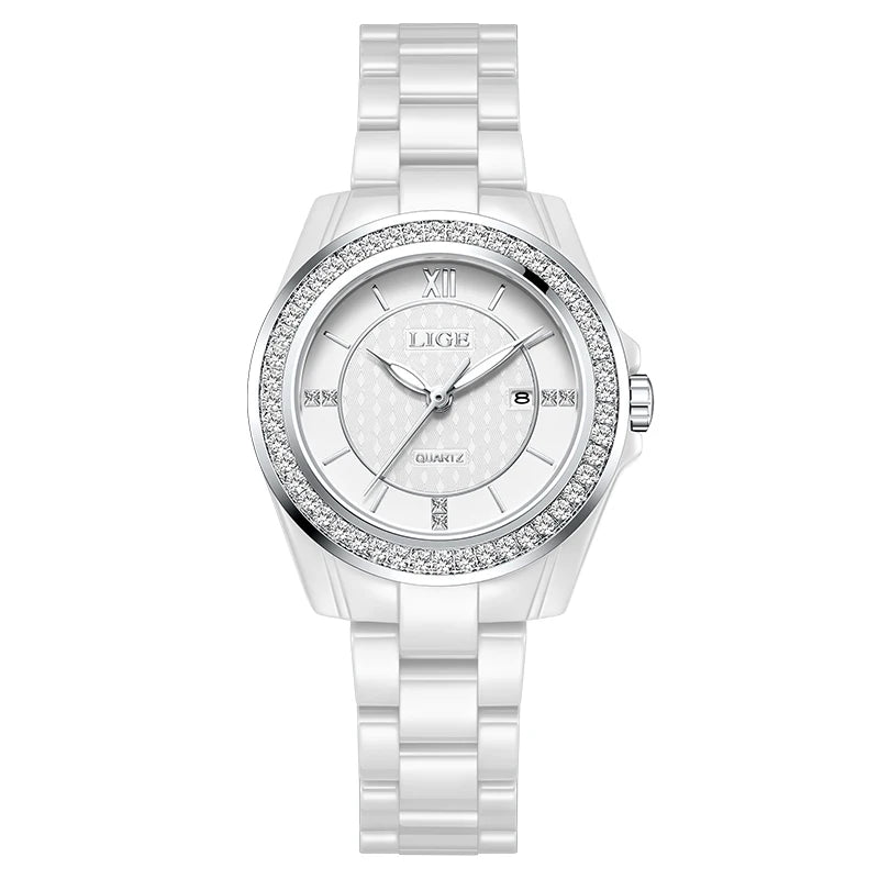 LIGE Luxury Woman Watch Waterproof Fashion Quartz Ladies Wristwatch Date Week Full Ceramic Women's Watches Relojs+GIFT Box