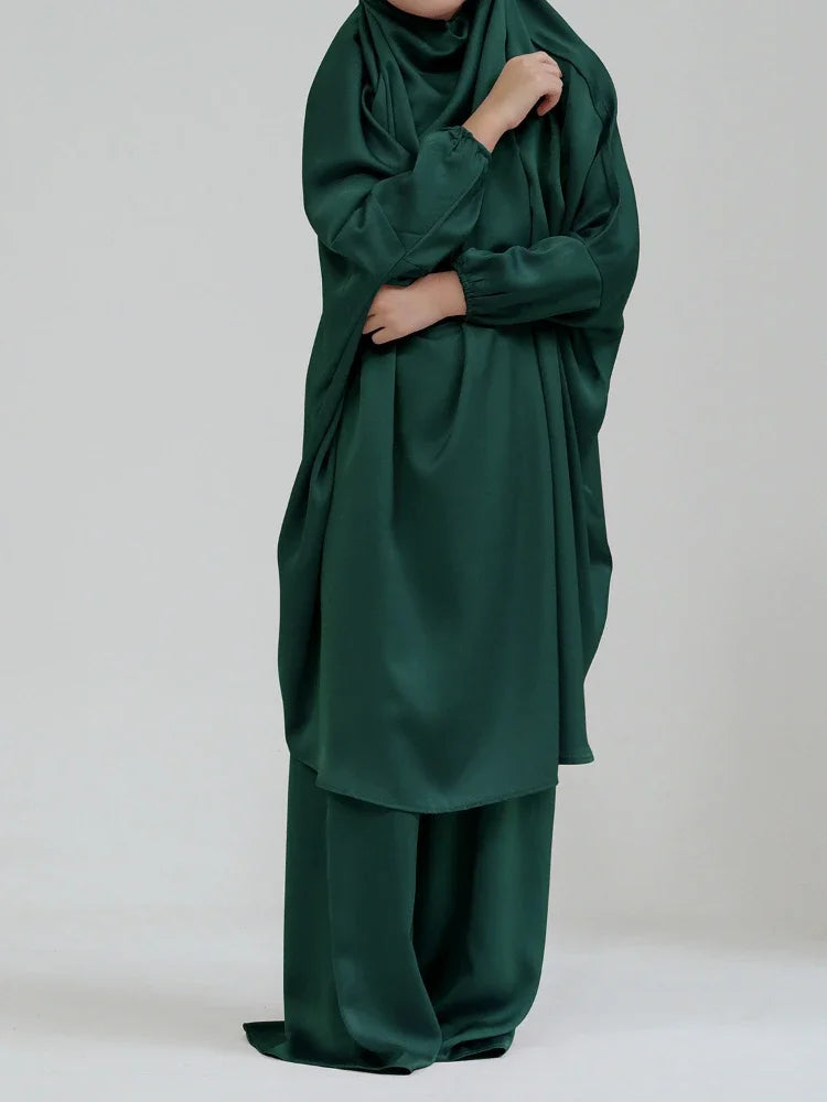 Eid Muslim Long Khimar Dress Kids Girls Abaya Long Khimar Set Prayer Garment Ramadan Dresses 2 Piece Jubha Robe Caftan Jilbab