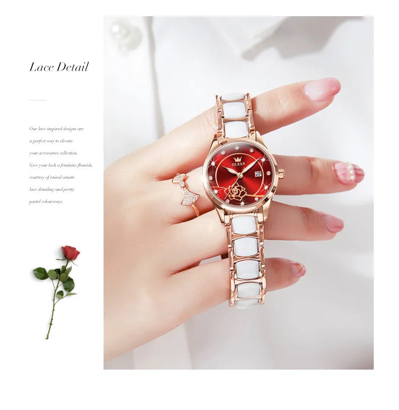 OLEVS 3606 Women's Watch Luxury Quartz Japanese Movement Watch Exquisite Rose Waterproof dial Elegant Ceramic Women's Watch