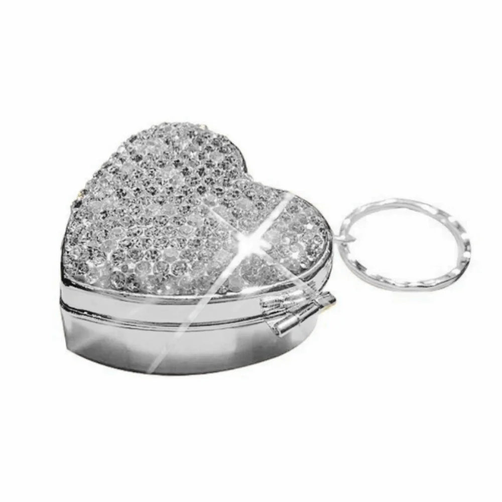 Shiny Rhinestone Mini Metal Pill Box Portable Blingbling Travel Pill Organizer Heart Shape Moisture-proof Medicine Storage Box