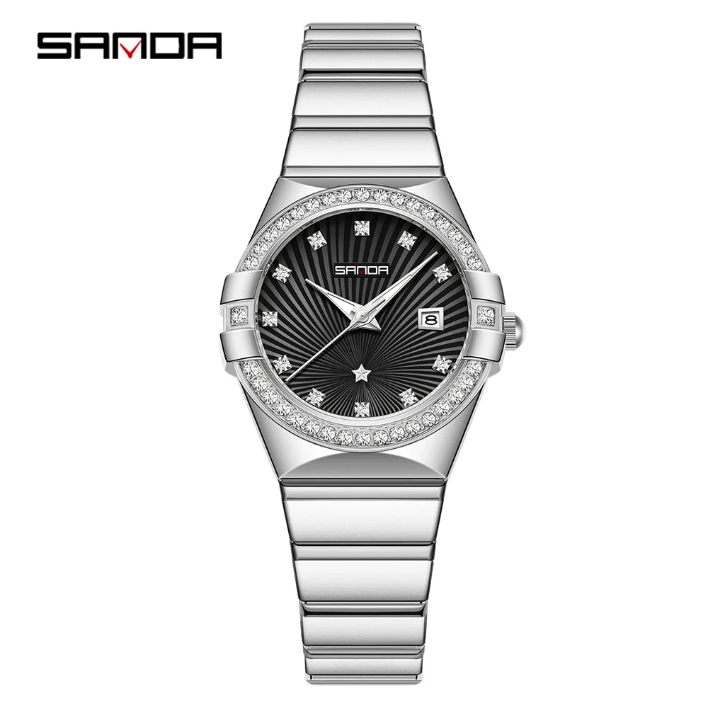 SANDA1147 Luxury Women's Quartz Watch with Mother of Bell Dial and Diamond studded Steel Strip 3ATM Waterproof Fashion Watch -1