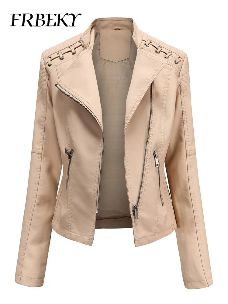 Spring Autumn Short Section Long Sleeve Zipper Jacket Slim Faux Leather Jacket Casual Solid Color Fashion Jacket Loose Outwear