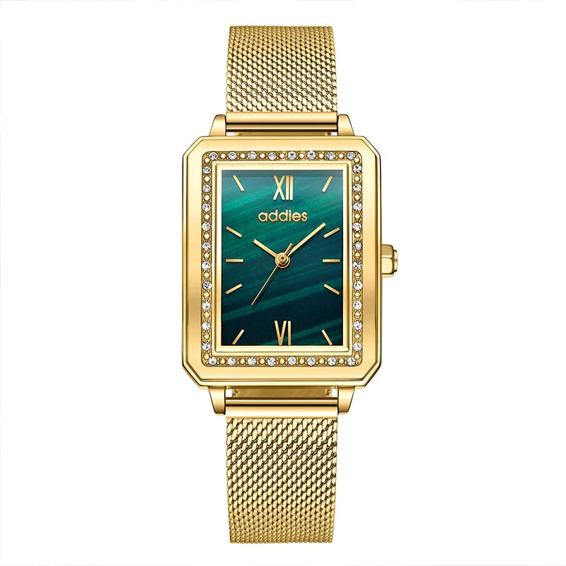 ADDIES Women Watches Ladies Luxury Brand Rose Gold Stainless Steel Green Crystal Bracelet Quartz Wrist Watch Relogio Feminino