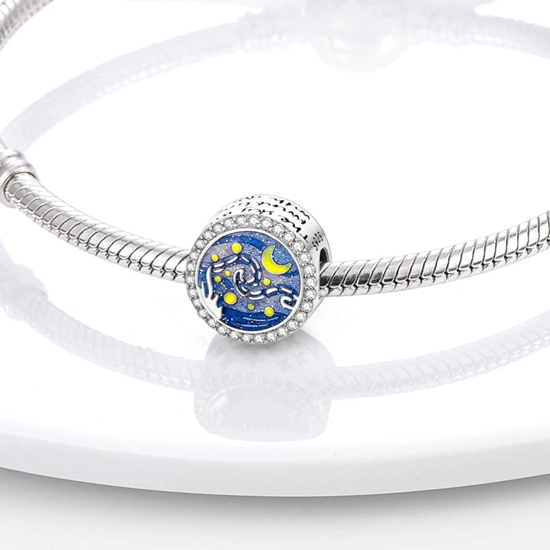 925 Sterling Silver Charm Pendant Star Moon Sun Starry Sky Beaded Charm Fit Original Bracelet DIY Fine Jewelry Making For Women