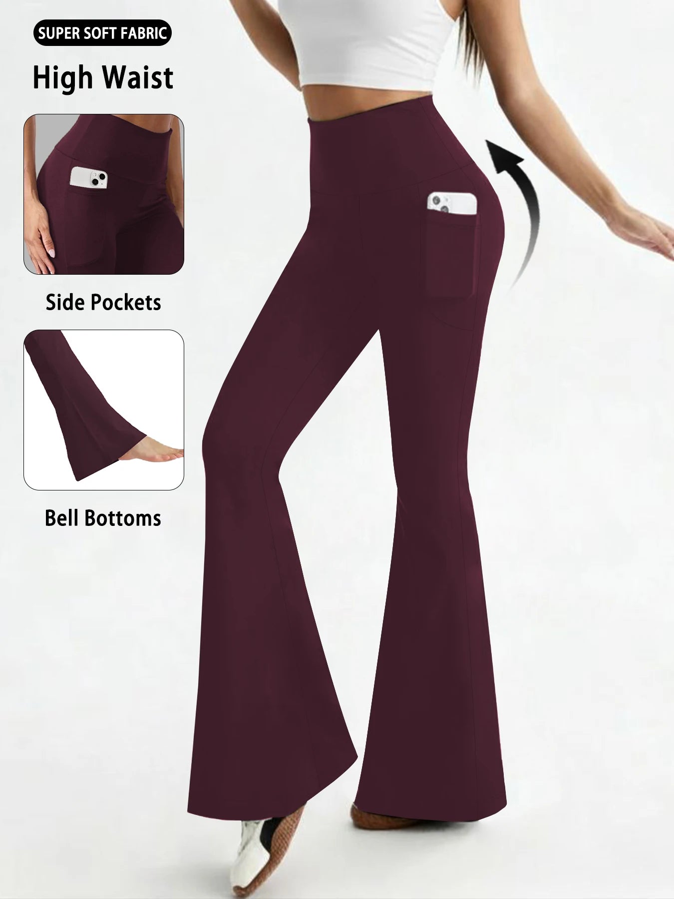 Women's Super Soft Flare Pants with Pockets, High Waisted Tummy Control Workout Yoga Push Up Gym Fitness Leggings Bell Bottoms