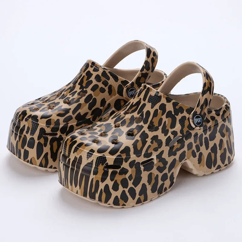 Leopard Thick Bottom Clogs for Women Closed Toe Chunky Platform Sandals Woman Summer 2025 Super High Wedge Heel Slippers Female