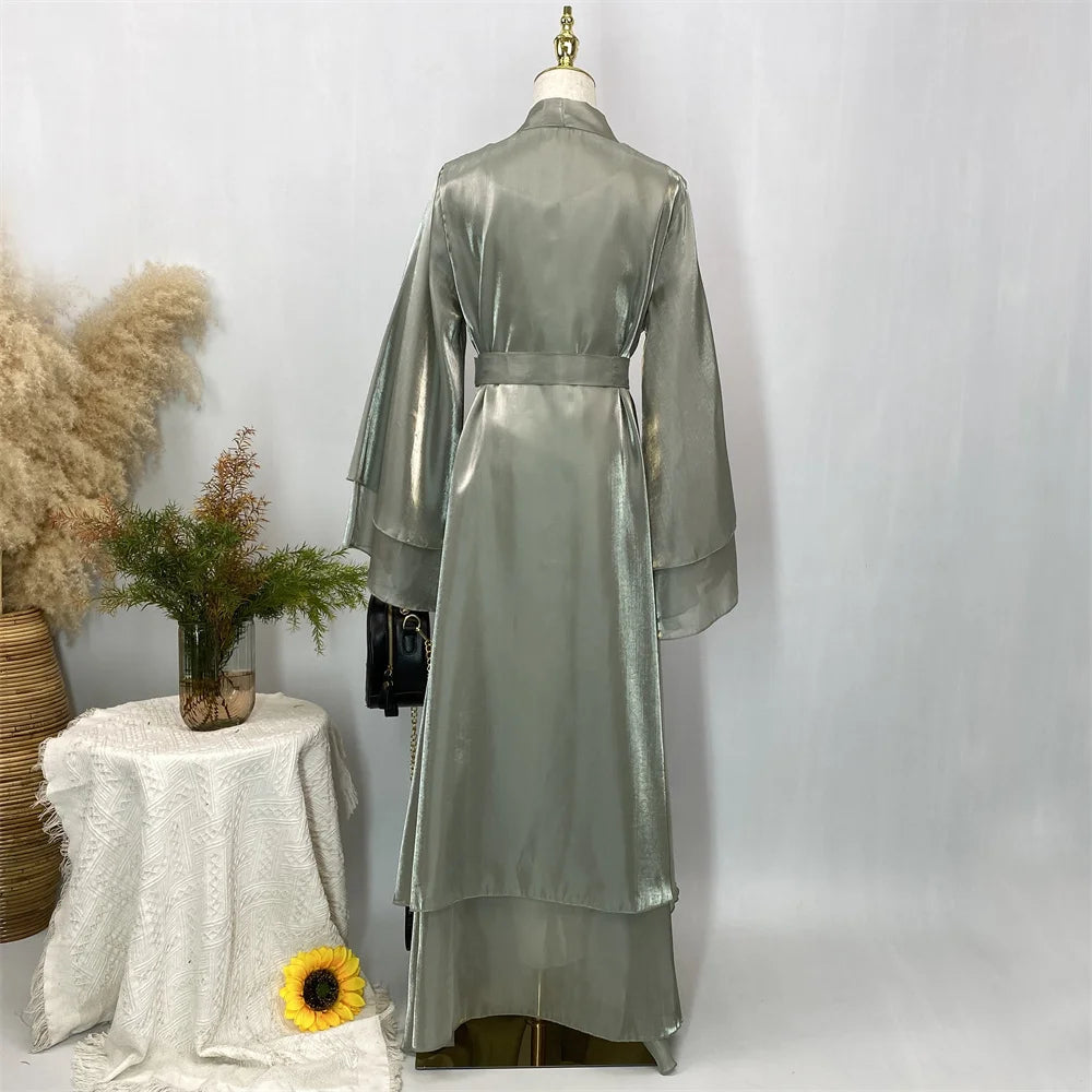 Muslim Women Clothing Abaya Dubai Luxury Shiny Silk Loose Sleeves Islam Modesty Robe Elegant Black Kaftan With Belt Kebaya