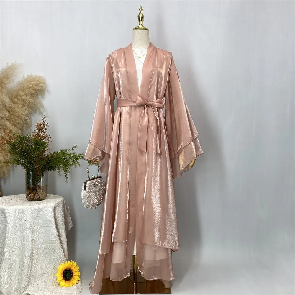Muslim Women Clothing Abaya Dubai Luxury Shiny Silk Loose Sleeves Islam Modesty Robe Elegant Black Kaftan With Belt Kebaya