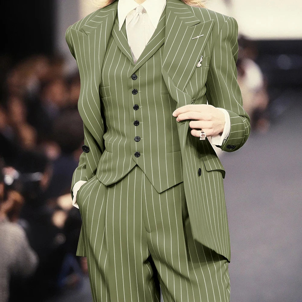 Trending 2025 Brown Striped Women Suit Formal Double-breasted Peaked Lapel 3Pieces (Jacket+Pants+Vest) Business Office Lady Set