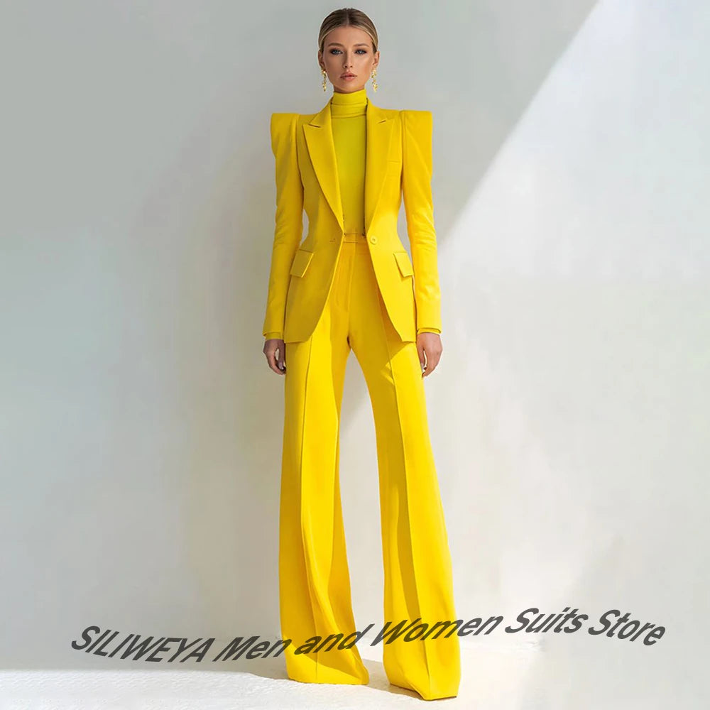 Professional Women's Red Suit Peaked Lapel Single Button Female Elegant Blazer and Flared Pants 2Piece Set Formal Office Wear