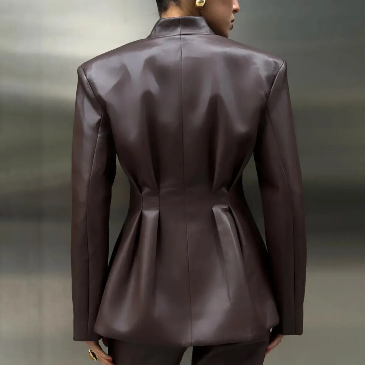 KT Black buttons 2026 New Women's Dark Brown Leather Stand Collar Belted  Blazer Office Formal Chic  Suit Jacket Autumn