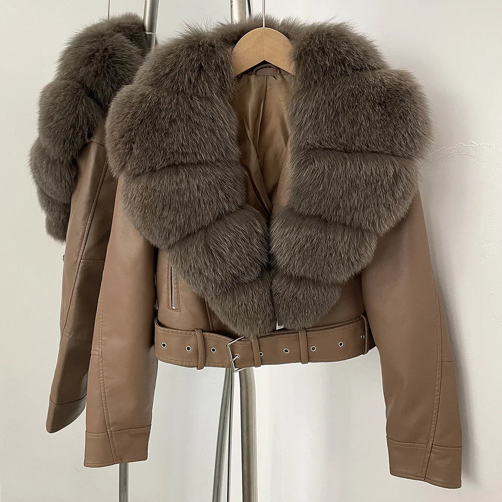 Natural Fox Fur Real Fur Coat Faux PU Leather Jacket Female New Autumn Short Top Clothing Women Long Sleeve Fake Leather Coat