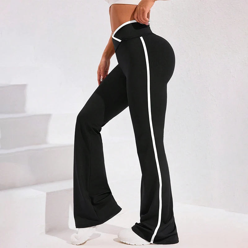 Striped Patchwork Cross Waist Yoga Leggings Women High Stretch Bodycon Flared Pants Woman Gym Fitness Workout Joggers Trousers