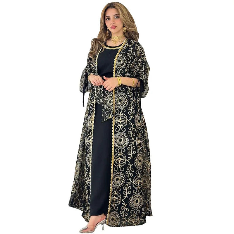 Jalabiya Muslim Dress Middle East Woman Robe Two-piece Set Saudi Arabia Dubai Abaya  Evening Dresses Real Picture