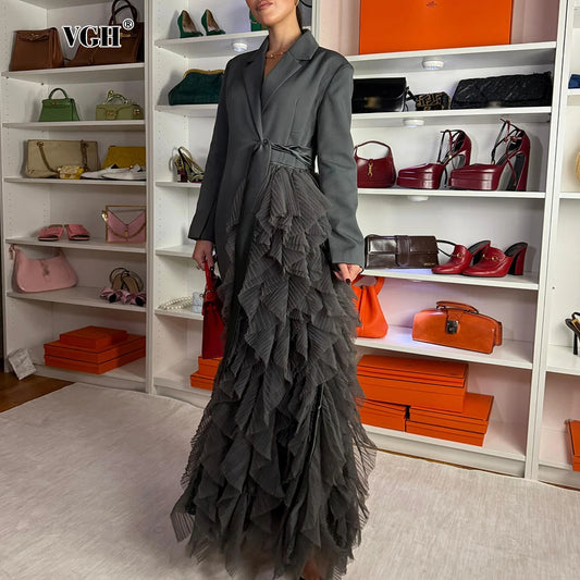 VGH Black Spliced Mesh Party Evening Trench for Women Notched Collar Long Sleeve Ruched Designer Slimming Coats Female Fashion