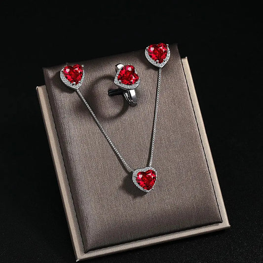 Natural Garnet Red Ruby 925 Sterling Silver Heart Jewelry Set Necklace+Earring+Ring Gemstone Jewelry Women Valentine's Day Gift