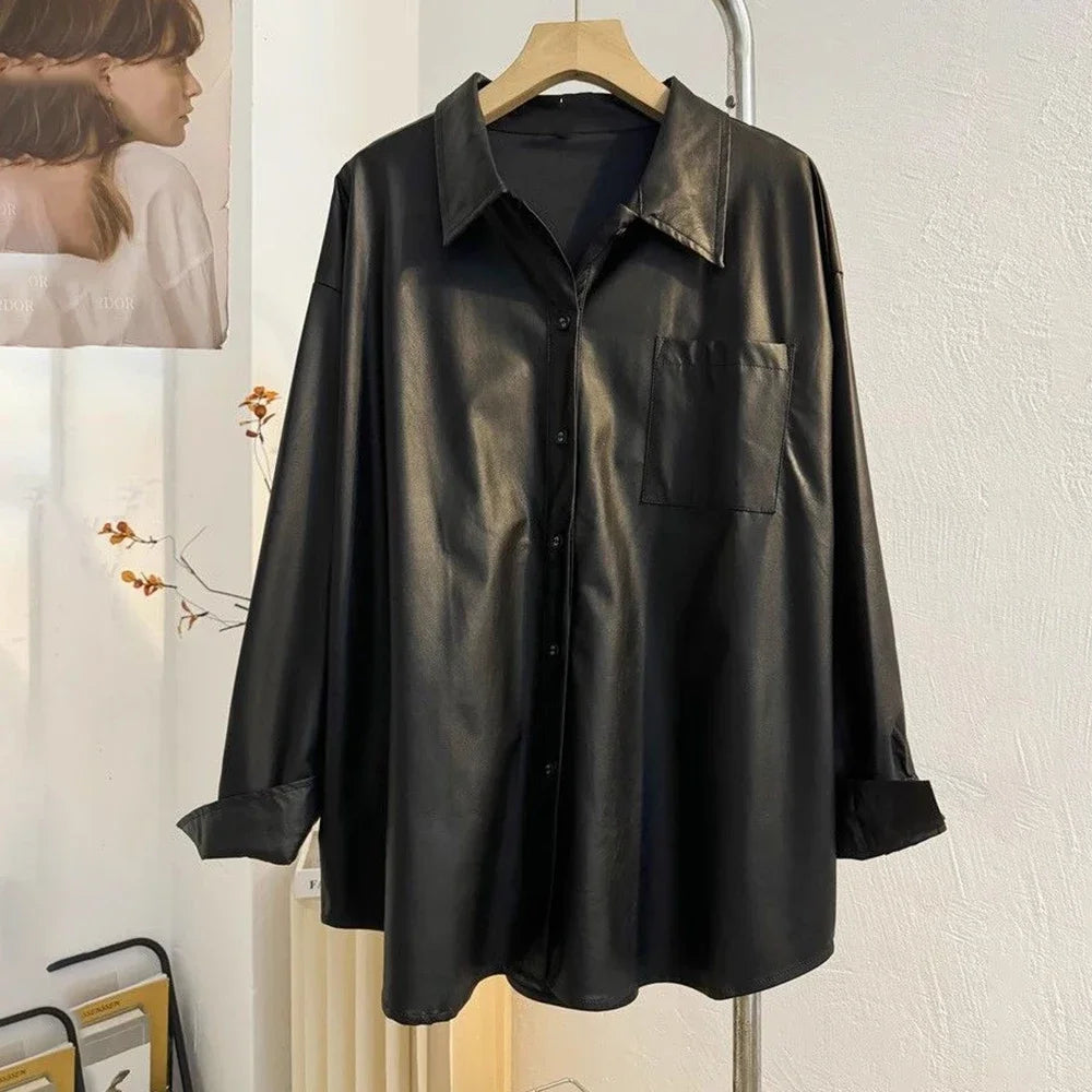 Retro black washed leather shirt jacket for women's 2024 autumn and winter design, loose Hong Kong style casual temperament top