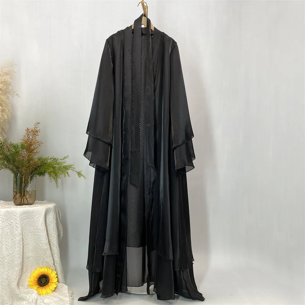 Muslim Women Clothing Abaya Dubai Luxury Shiny Silk Loose Sleeves Islam Modesty Robe Elegant Black Kaftan With Belt Kebaya