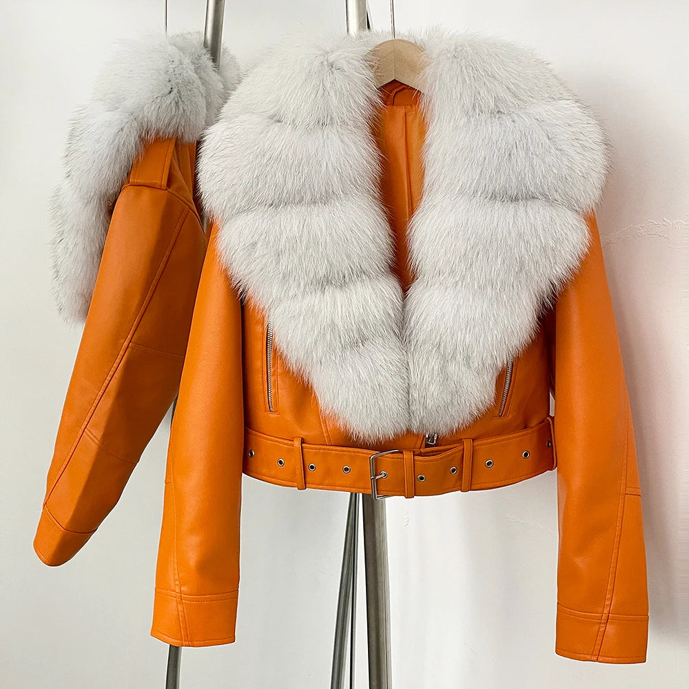 Natural Fox Fur Real Fur Coat Faux PU Leather Jacket Female New Autumn Short Top Clothing Women Long Sleeve Fake Leather Coat